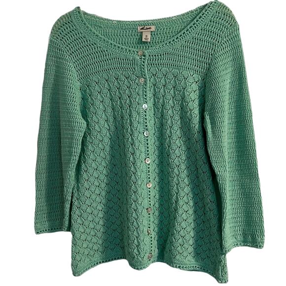 L.L Bean Sweater Women's Size Medium Petite Crochet Green 3/4 Sleeves - Picture 1 of 6